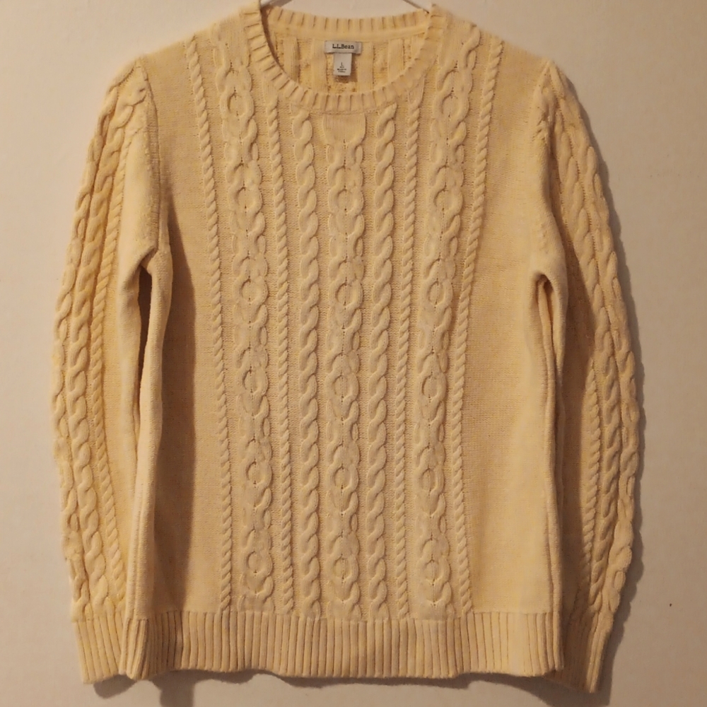 LL Bean Pale Yellow 100% Cotton Cable-Knit Sweater Large